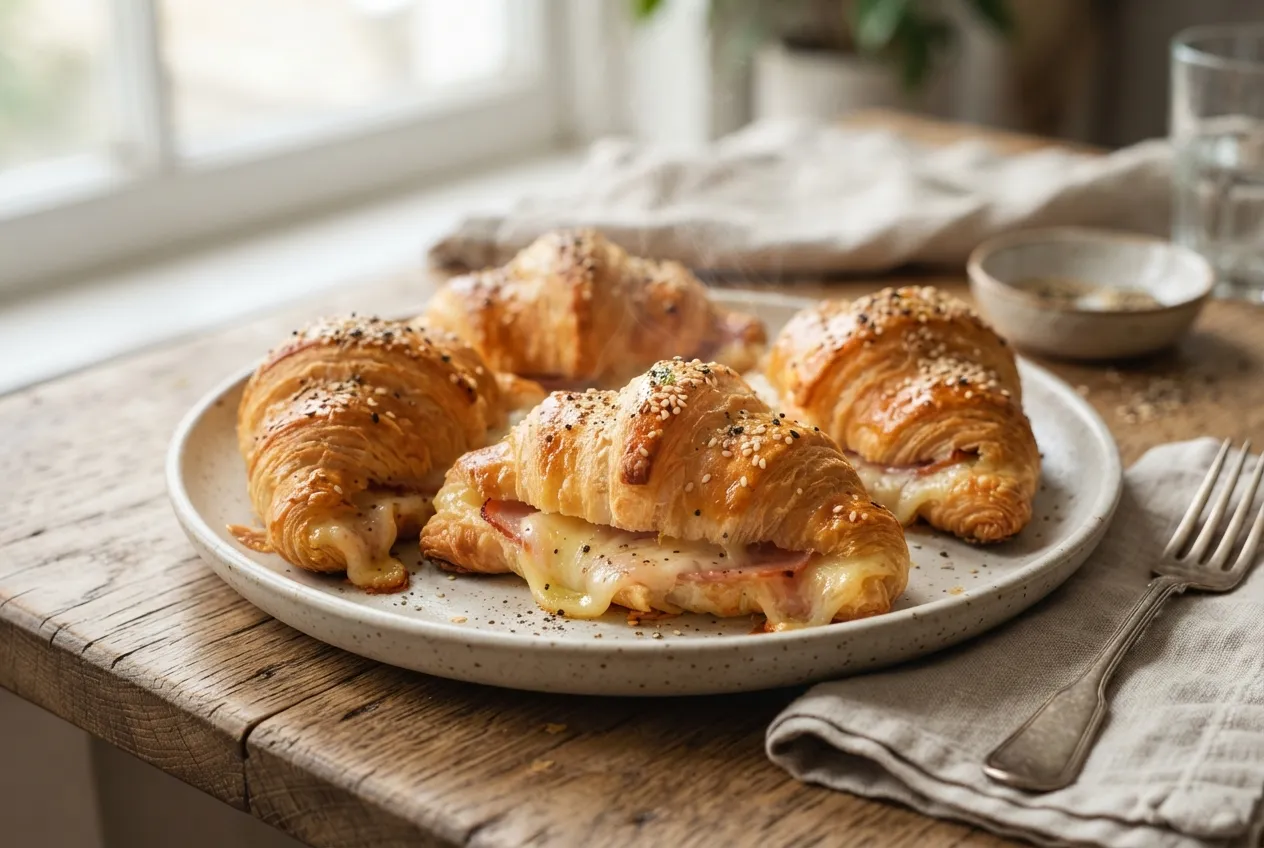 Croissants salados rellenos de jamón y queso para la tarde