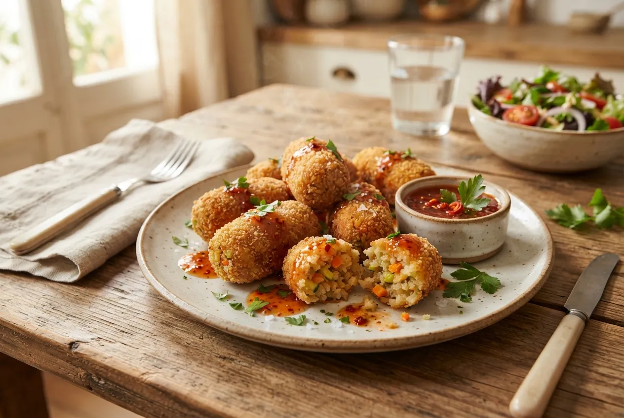 Croquetas de arroz integral y verduras con salsa picante