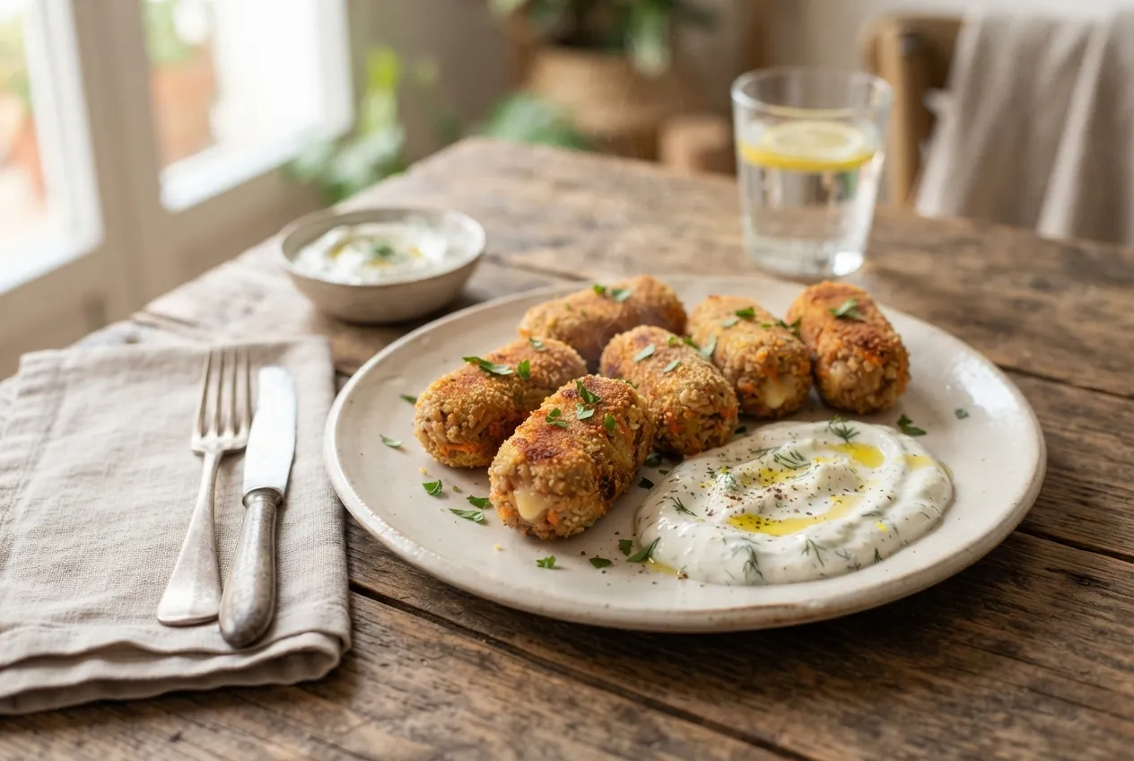 Croquetas de arroz integral y zanahoria con salsa de yogur