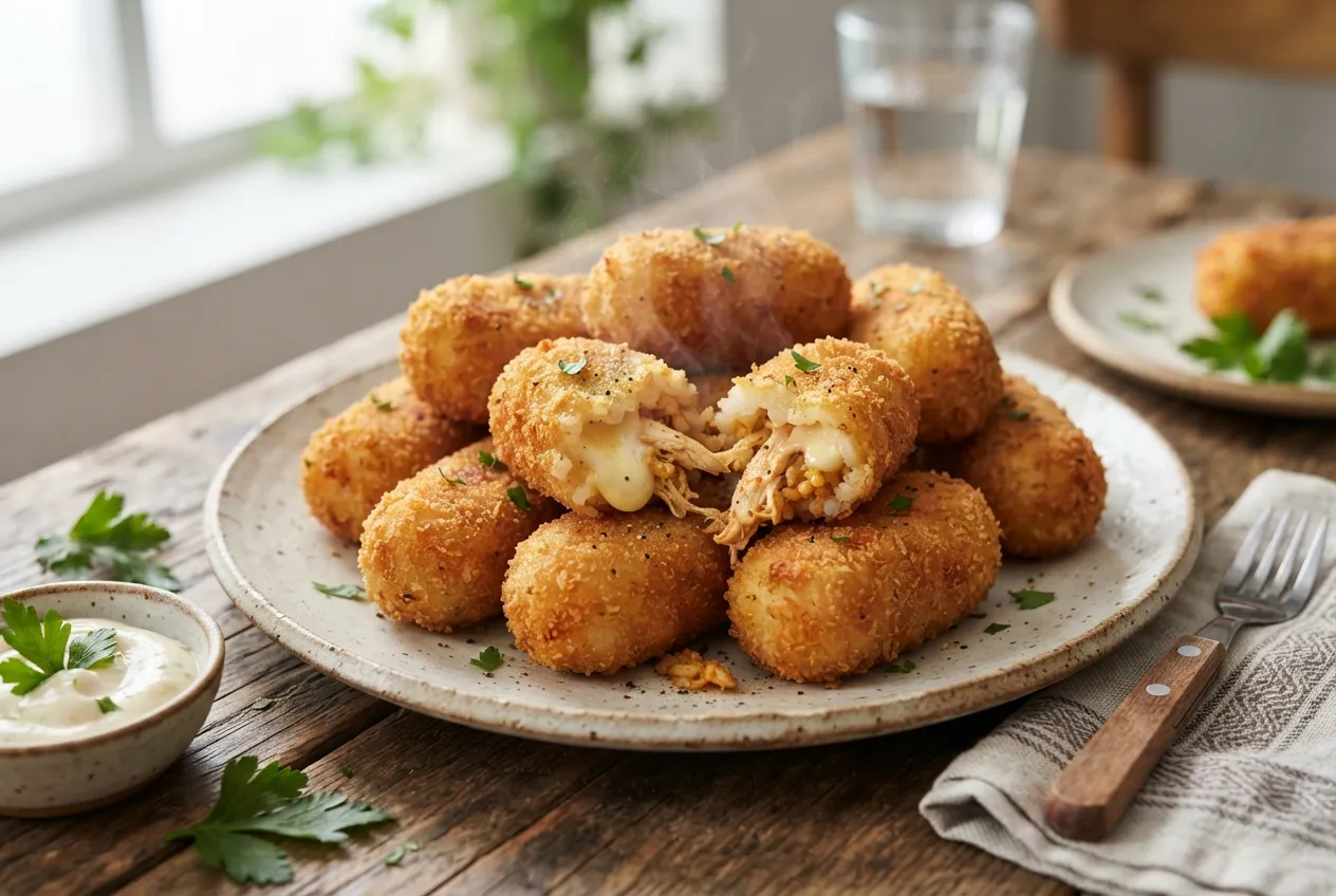 Croquetas de arroz con queso y pollo, fritas y crocantes