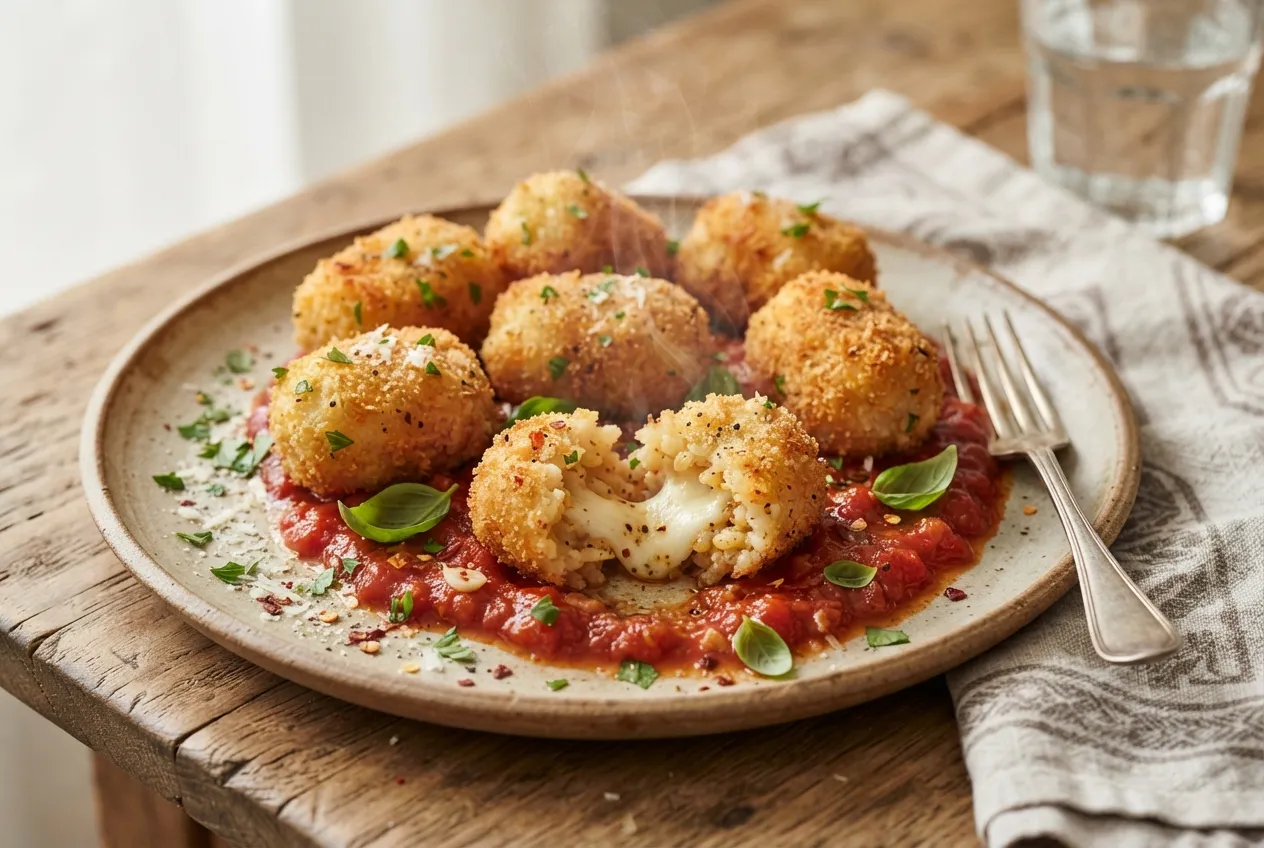 Croquetas de arroz y queso con salsa de tomate picante