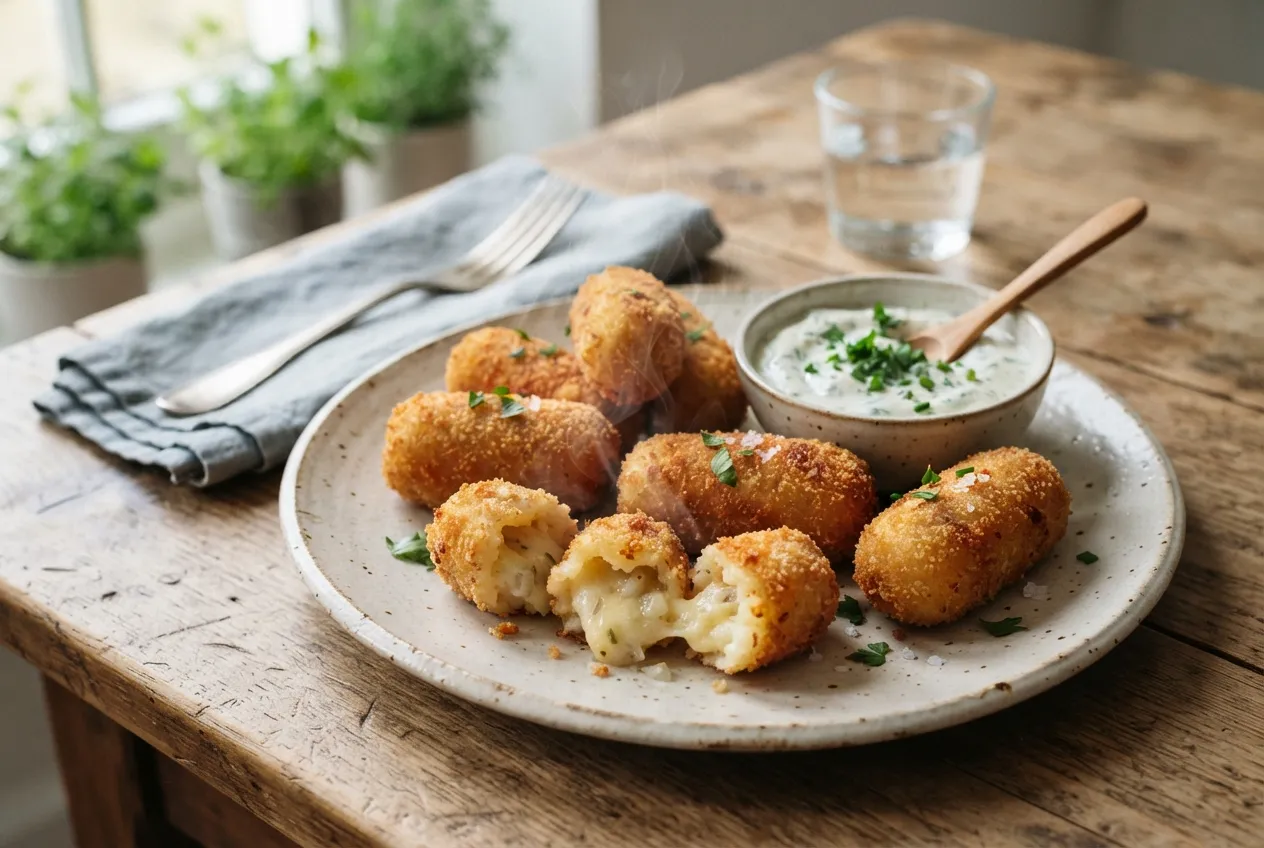 Croquetas caseras de papa y queso con dip de crema