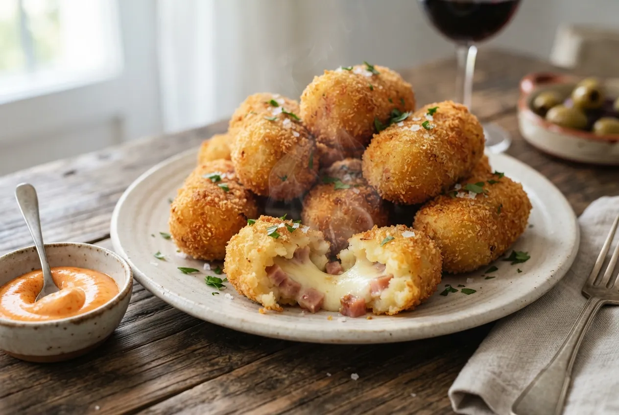 Croquetas de papa rellenas con queso y jamón para picada casera