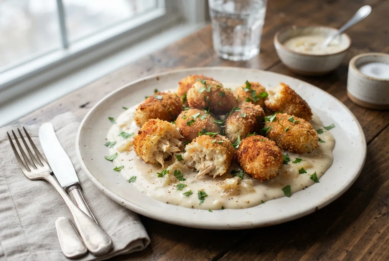 Croquetas de pollo con salsa blanca casera