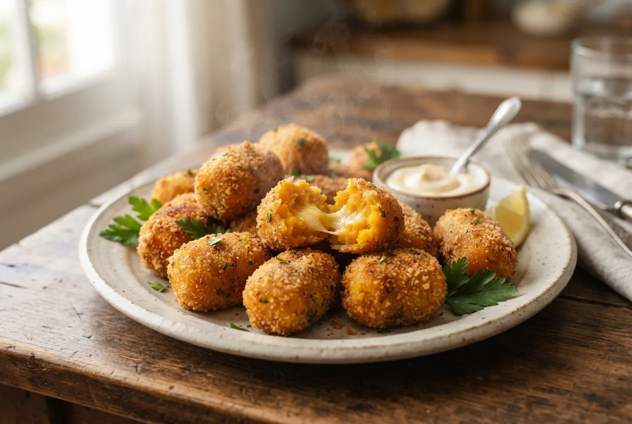 Croquetas de zapallo con queso y pan rallado casero