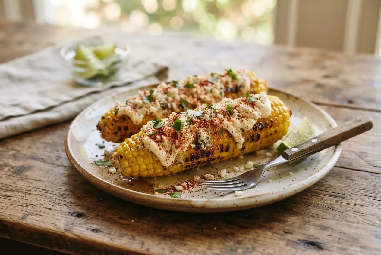 Elotes asados con mayonesa, queso y chile en polvo