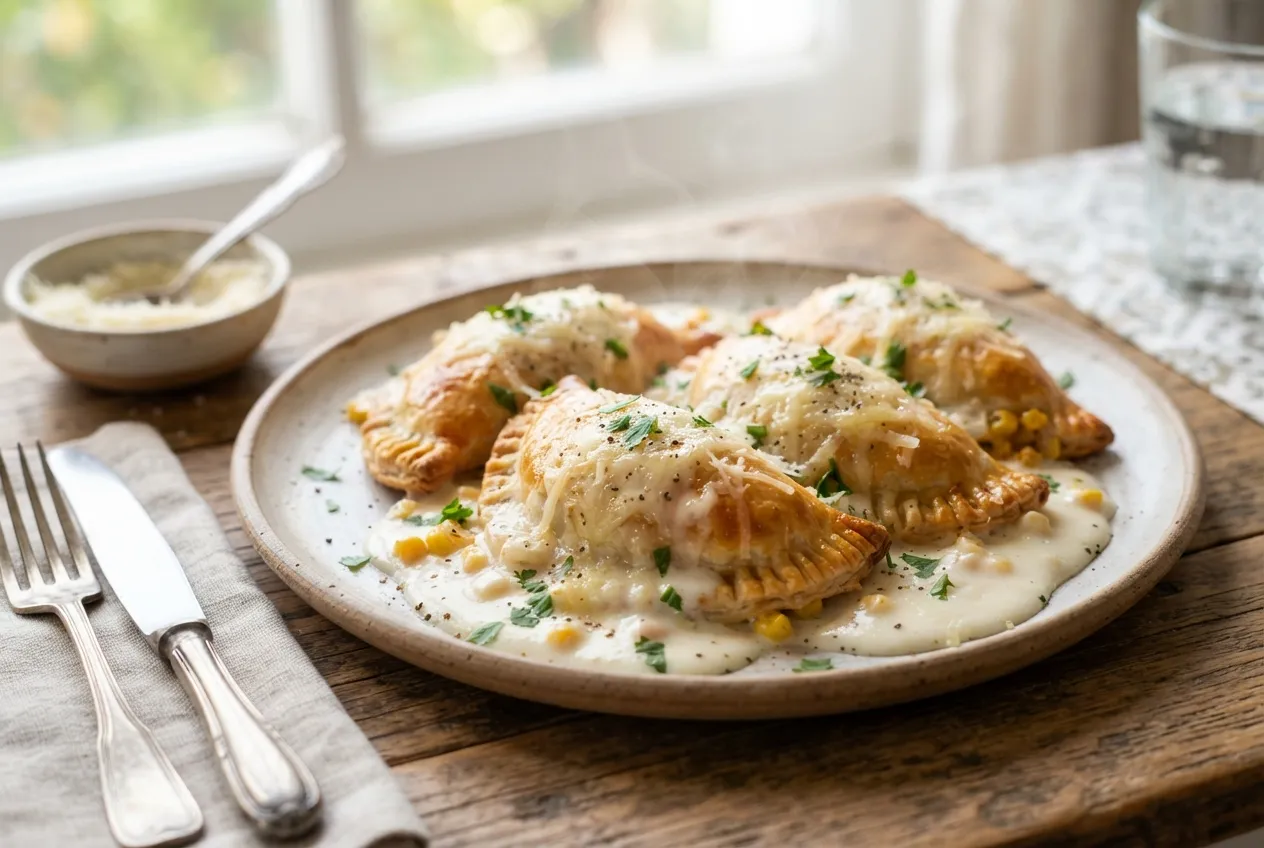 Empanadas de choclo con salsa blanca y queso rallado