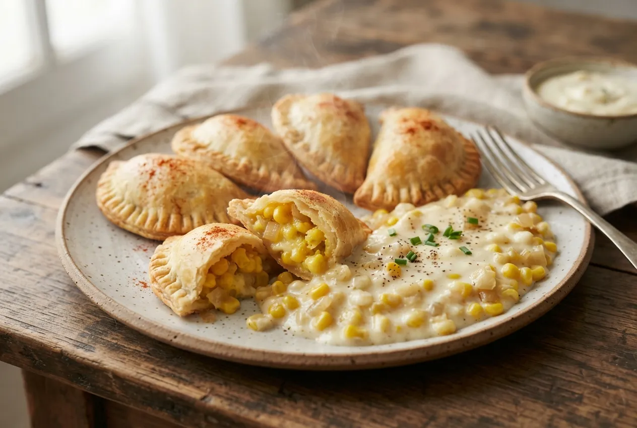 Empanadas de humita con salsa blanca y choclo cremoso tradicional