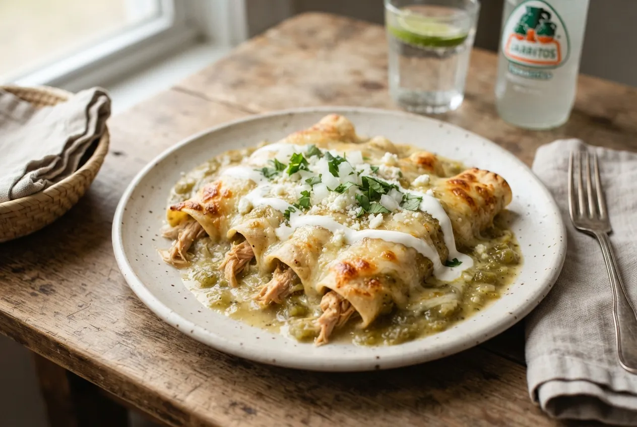 Enchiladas suizas con salsa cremosa y pollo desmenuzado