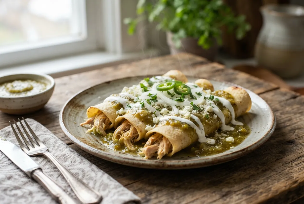 Enchiladas verdes rellenas de pollo con salsa de tomatillo