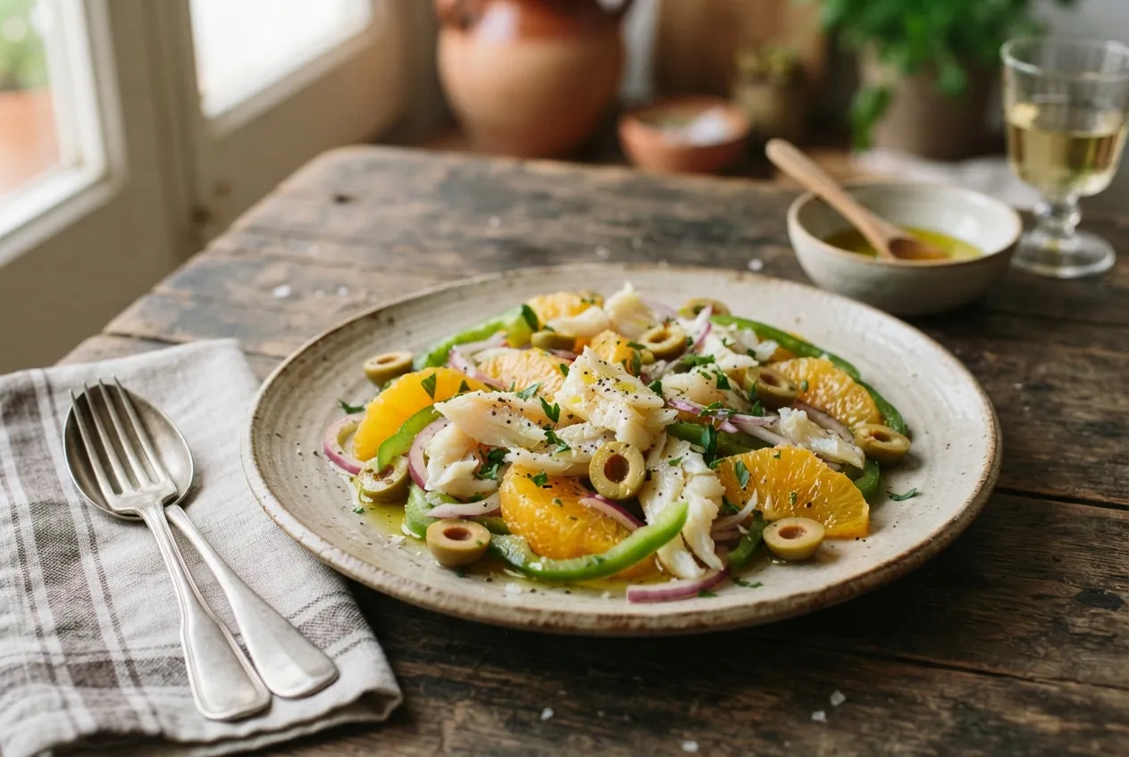 Ensalada andaluza con naranja, aceitunas y bacalao