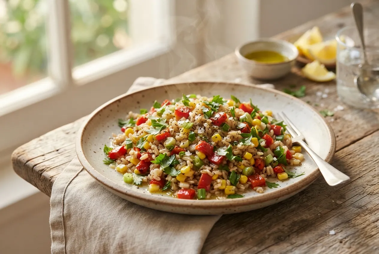 Ensalada de arroz integral con choclo y pimiento