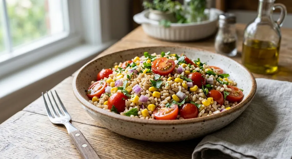 Ensalada de arroz integral con tomate, maíz y cebolla