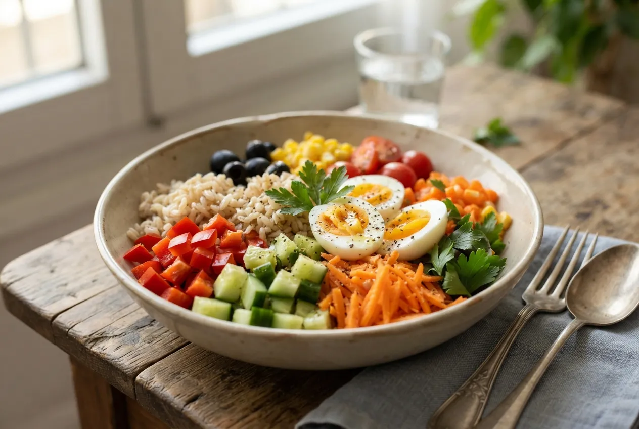 Ensalada de arroz integral con vegetales y huevo duro