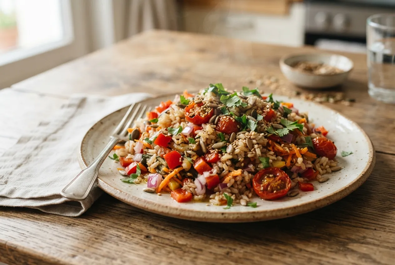 Ensalada de arroz integral con verduras y semillas tostadas