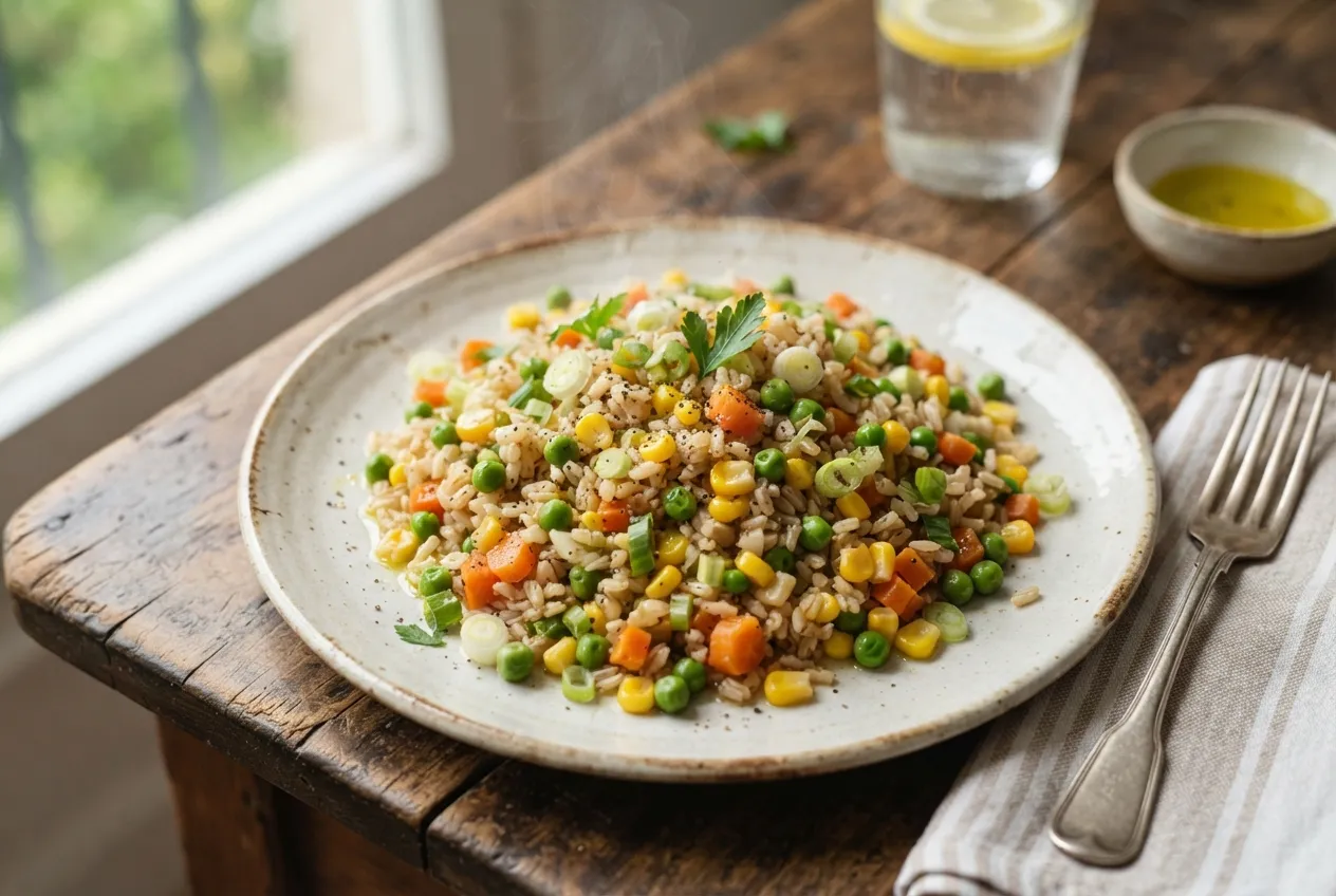Ensalada de arroz integral con zanahoria, maíz y arvejas