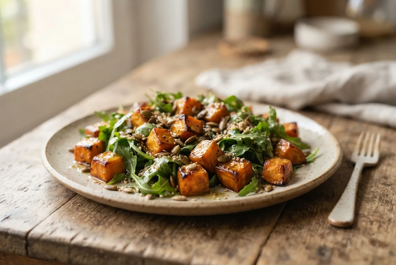 Ensalada de batata asada con semillas y rúcula