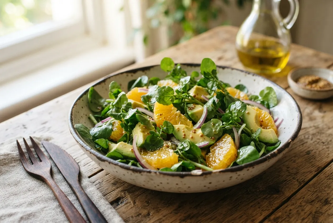 Ensalada de berros, palta y naranja con vinagreta ligera