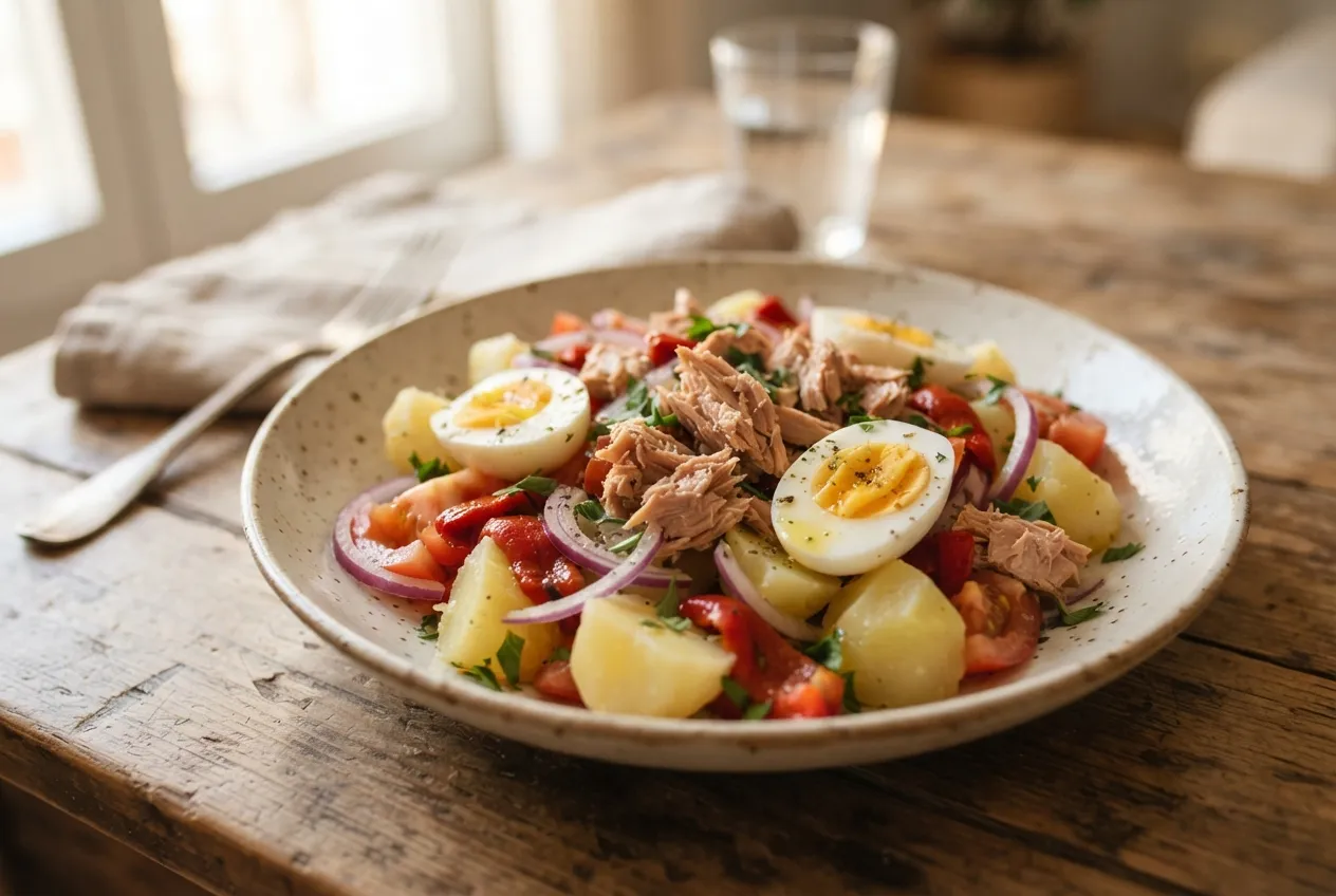Ensalada campera con papas, atún y huevo duro