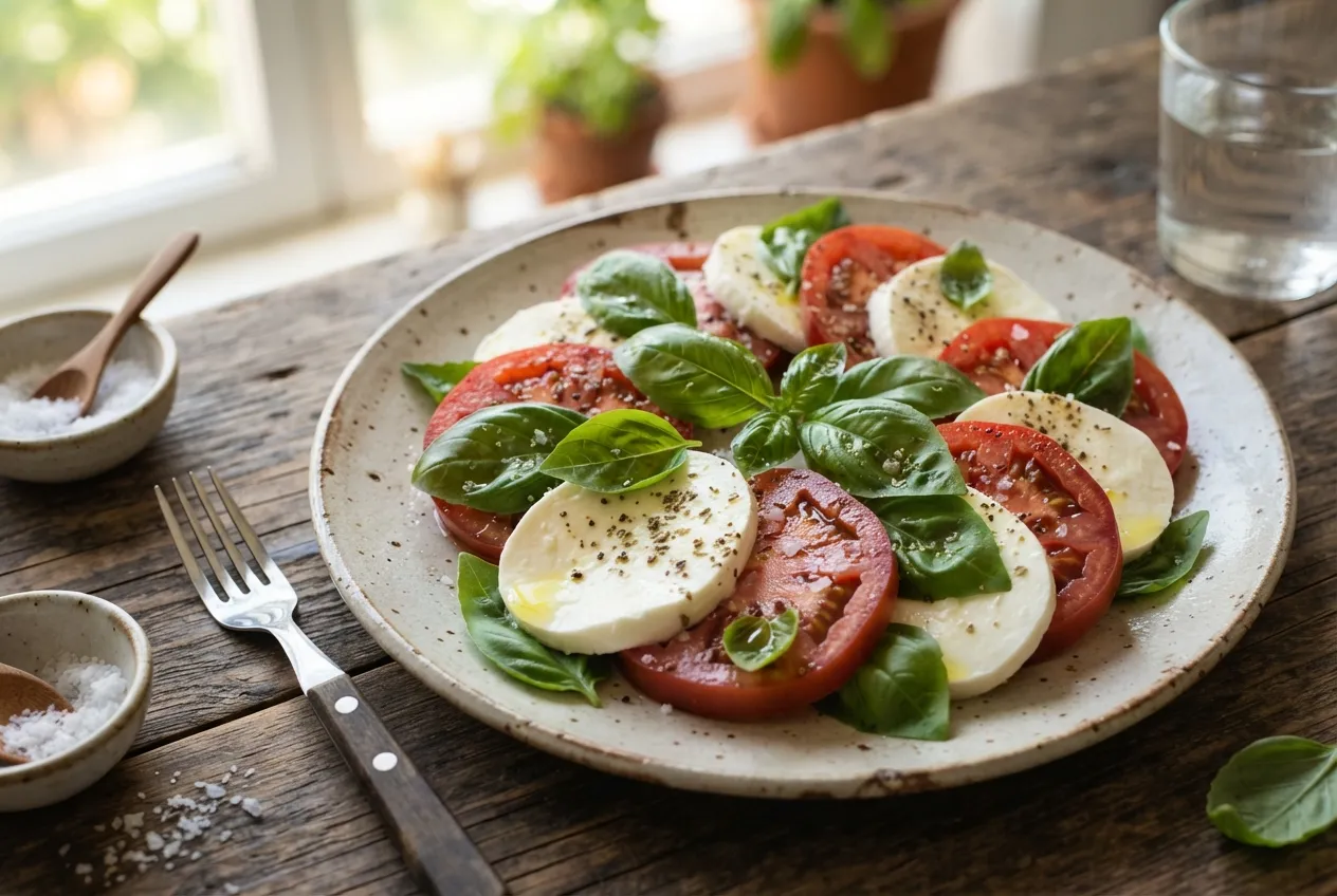 Ensalada Caprese Argentina con Tomate, Muzzarella y Albahaca Fresca