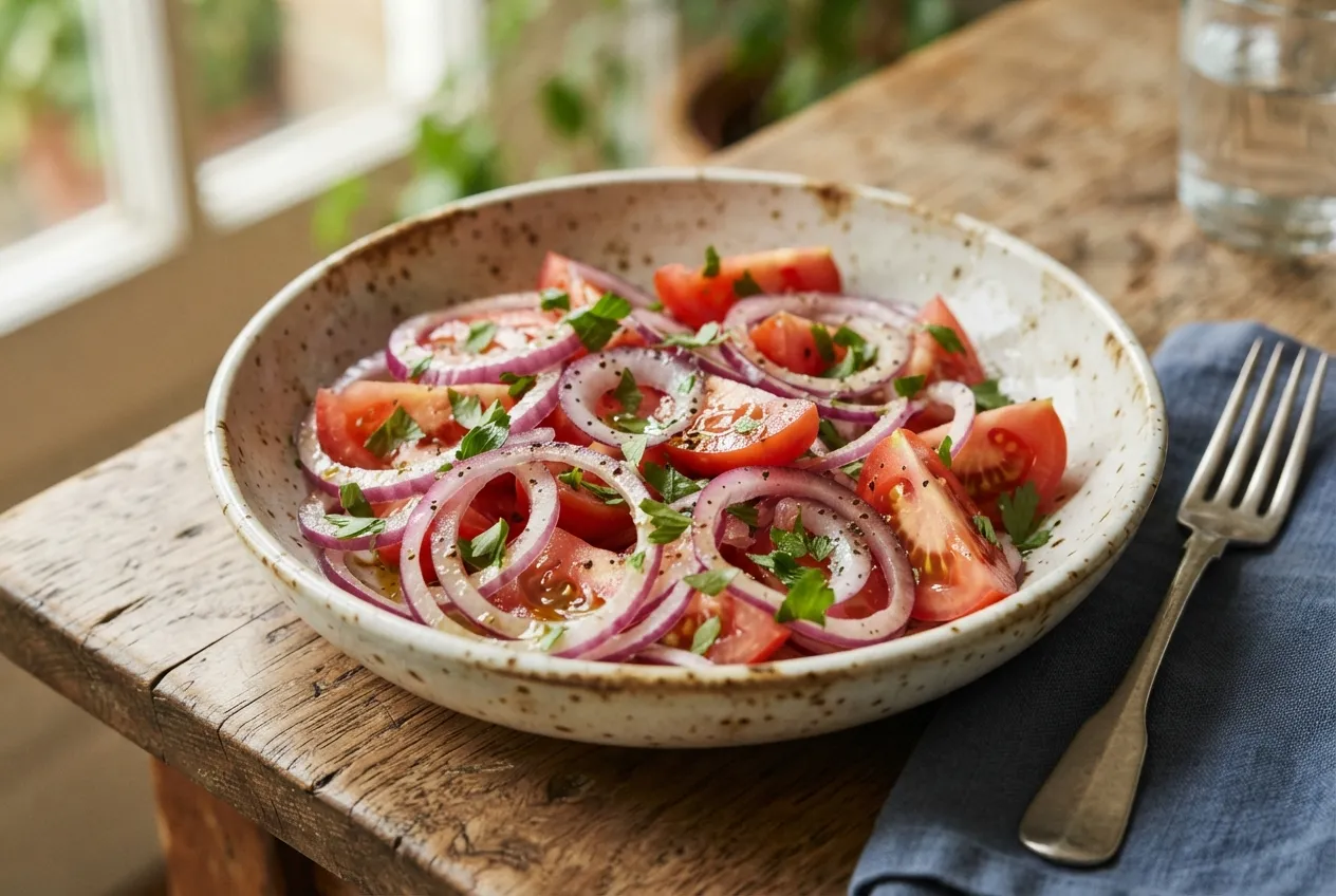 Ensalada de cebolla morada, tomate y vinagre de manzana