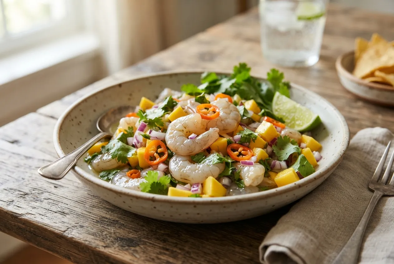 Ensalada de ceviche de camarón con mango y chile habanero