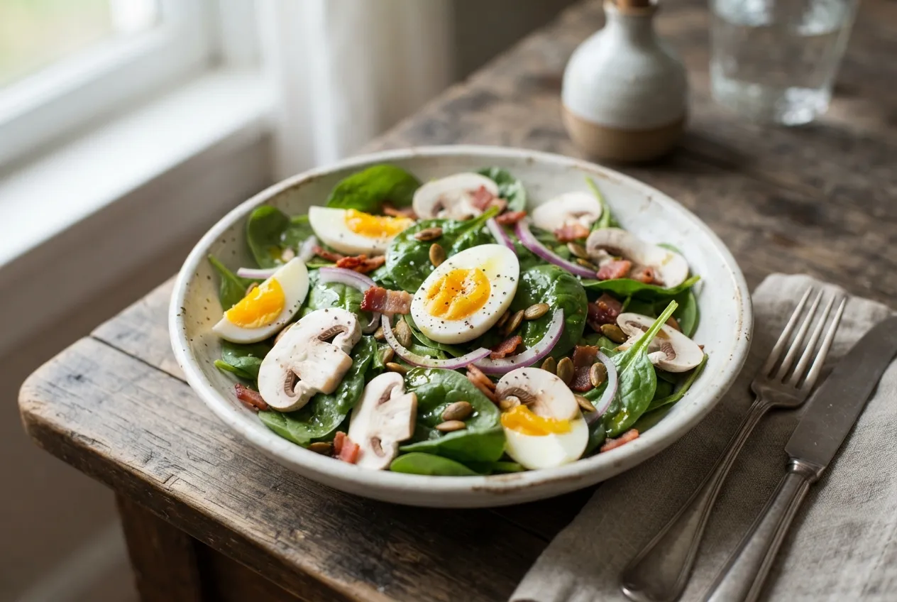 Ensalada de espinaca, huevo duro y champiñones frescos