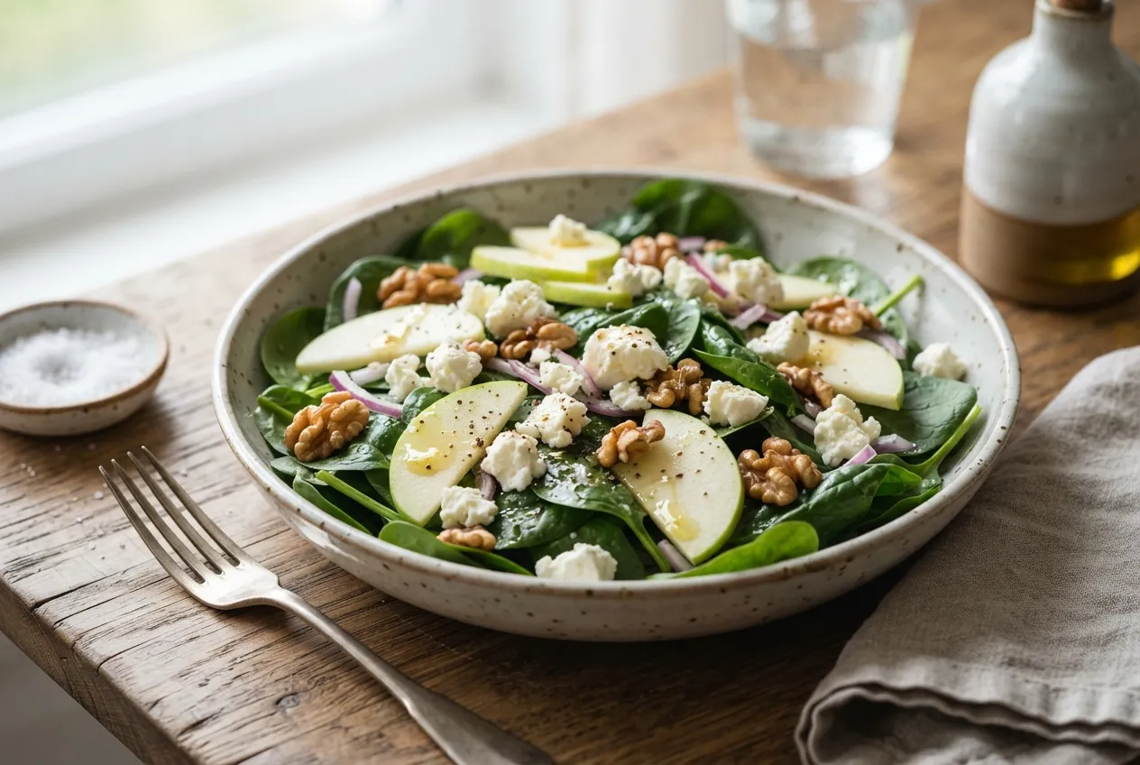 Ensalada de espinaca, queso fresco y manzana con nueces