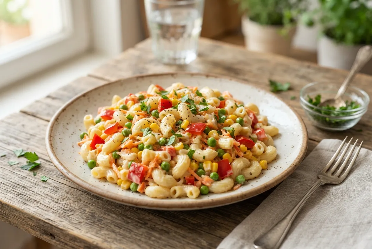 Ensalada de fideos fríos con verduras y mayonesa ligera