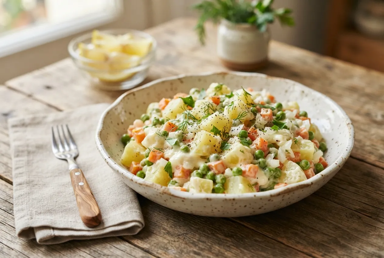 Ensalada fresca con arvejas, zanahoria y mayonesa casera