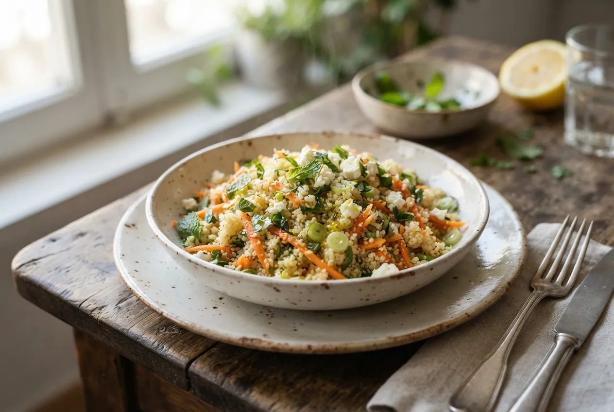 Ensalada fresca de couscous, zanahoria y menta para el verano