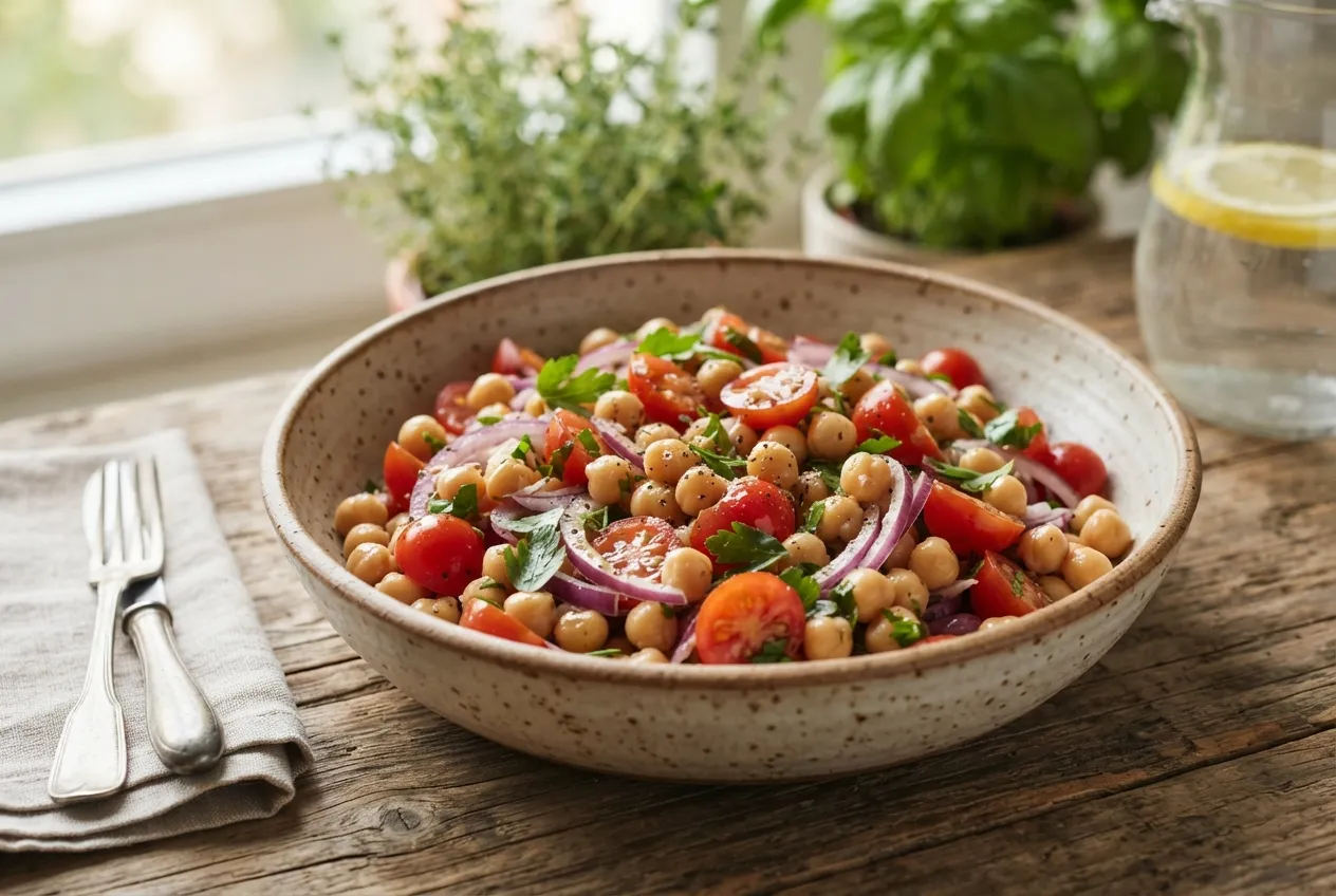 Ensalada fresca de garbanzos, tomate y cebolla morada