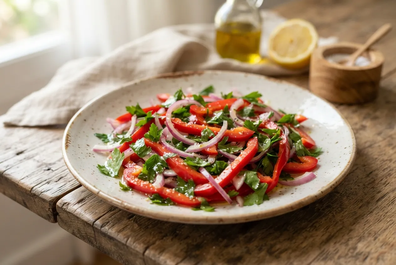 Ensalada fresca de morrón, cebolla y perejil