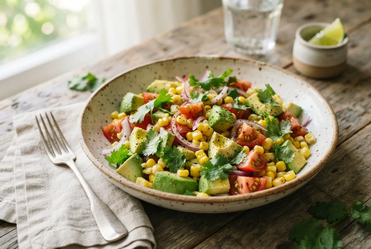 Ensalada fresca de palta, choclo y tomate