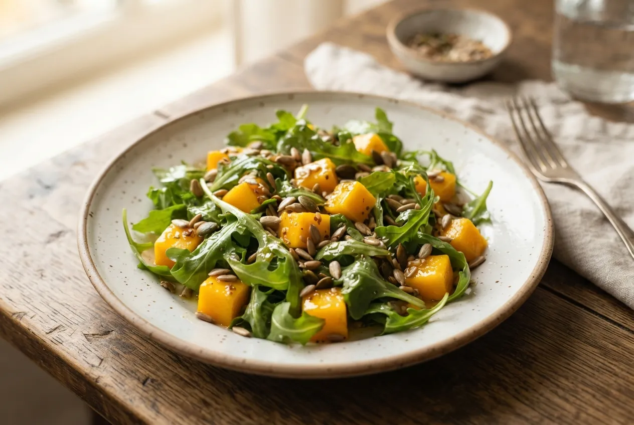 Ensalada fresca de rúcula, mango y semillas