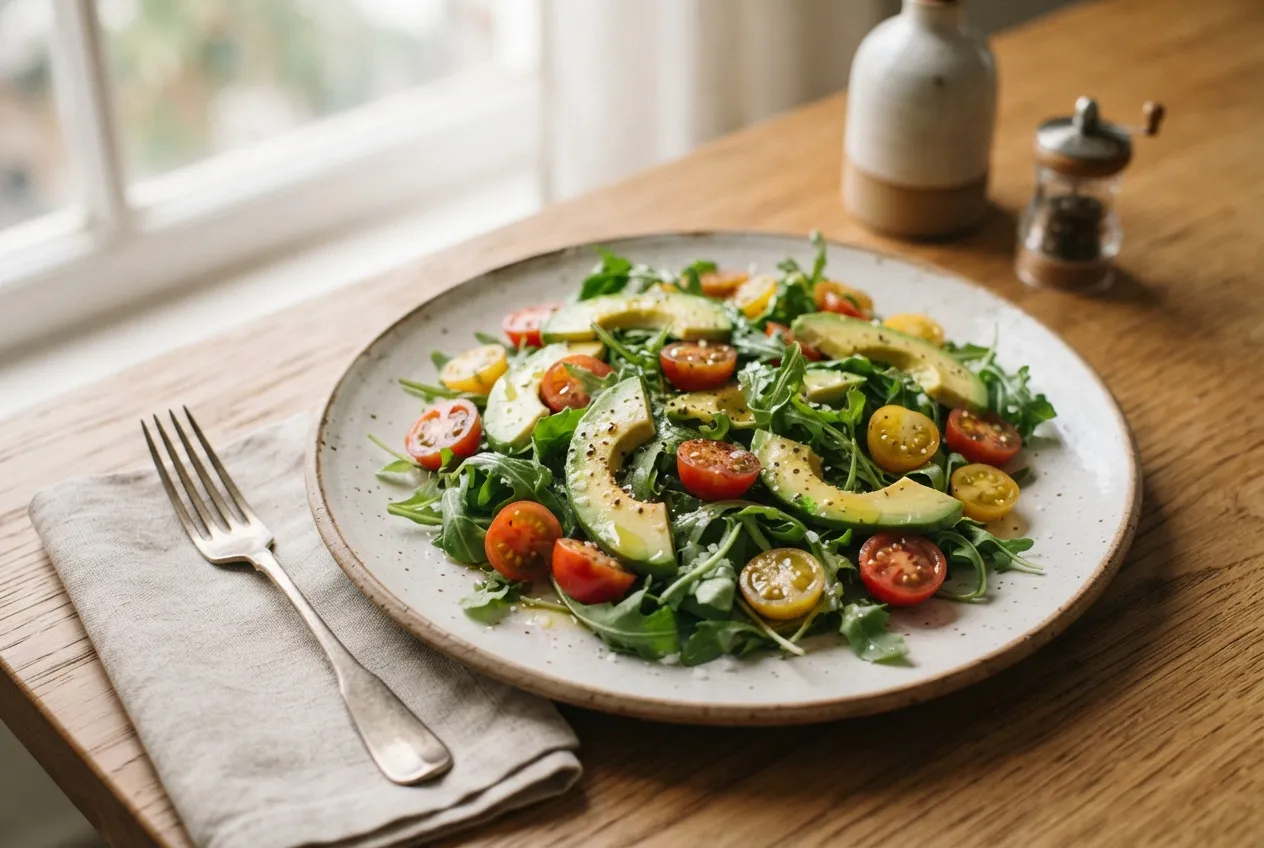 Ensalada fresca de rúcula, tomate y palta con aceite de oliva