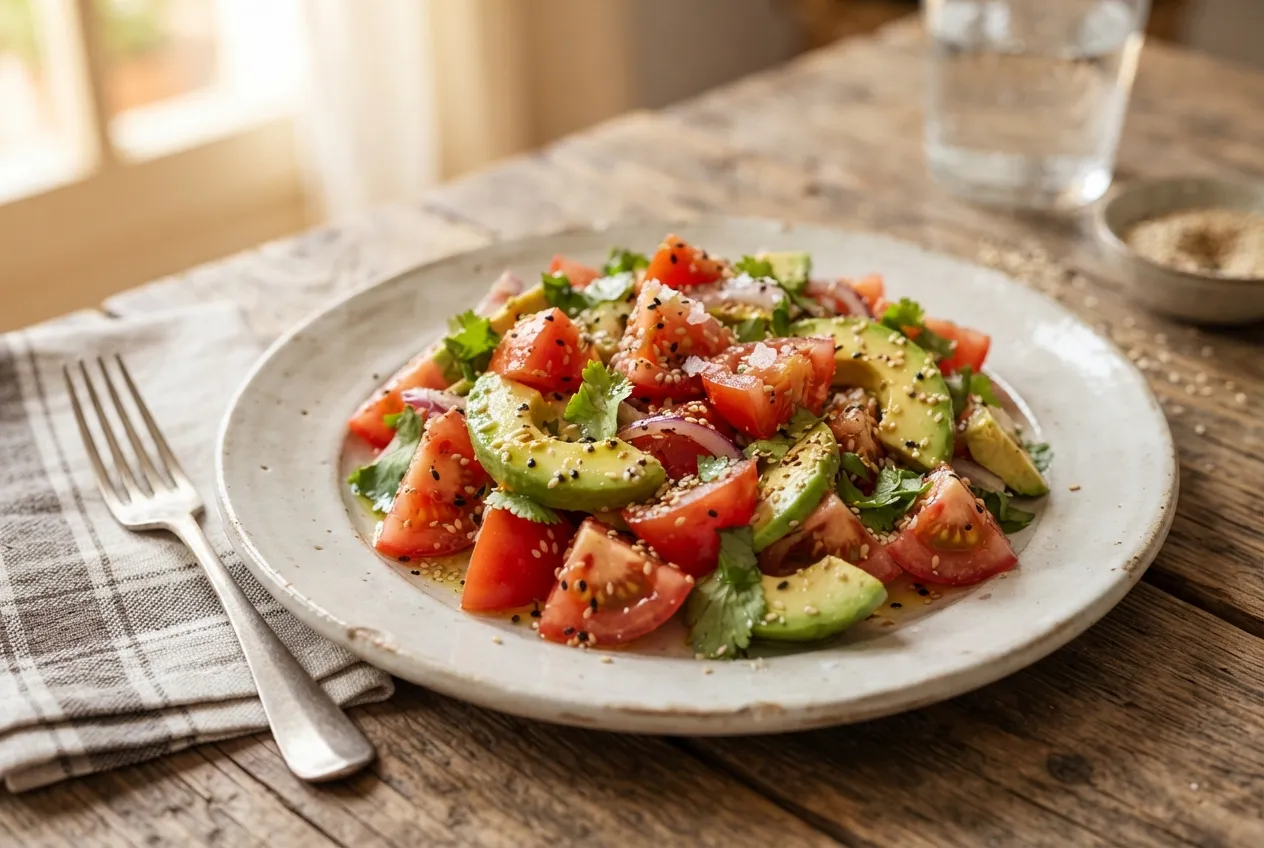Ensalada fresca de tomate, palta y semillas de sésamo