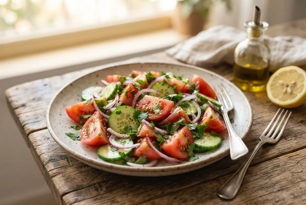 Ensalada fresca de tomate, pepino, cebolla y limón