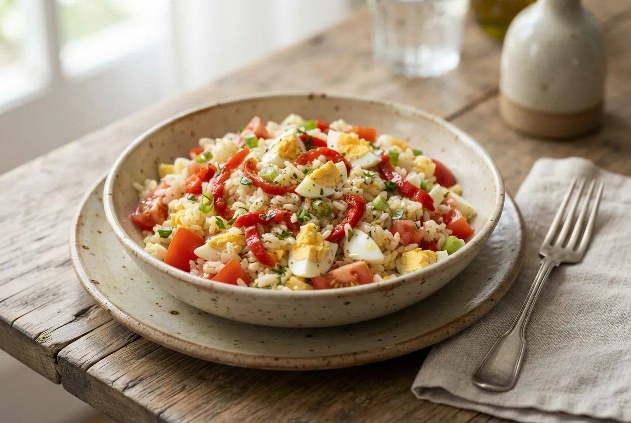 Ensalada fría de arroz con huevo, tomate y morrón