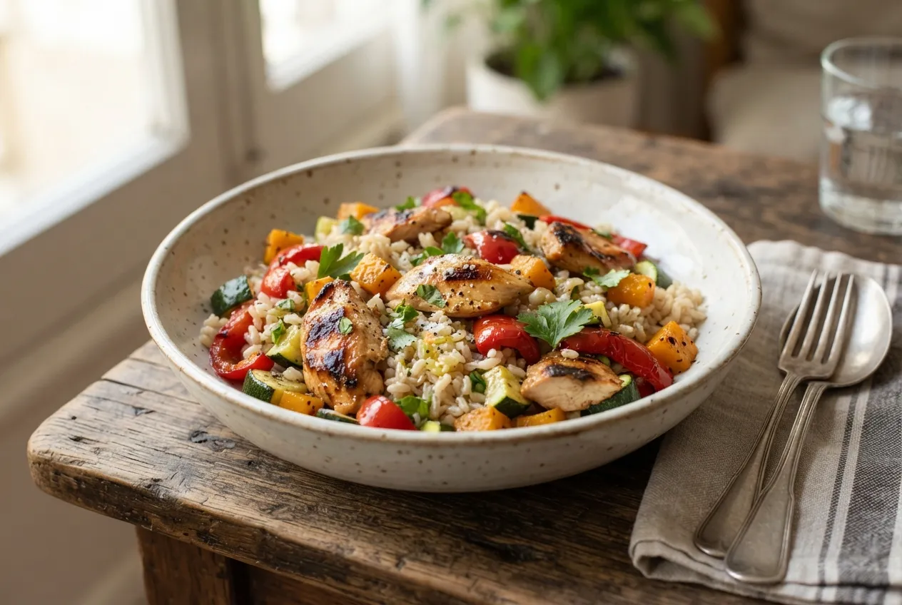 Ensalada fría de arroz integral con pollo y verduras grilladas