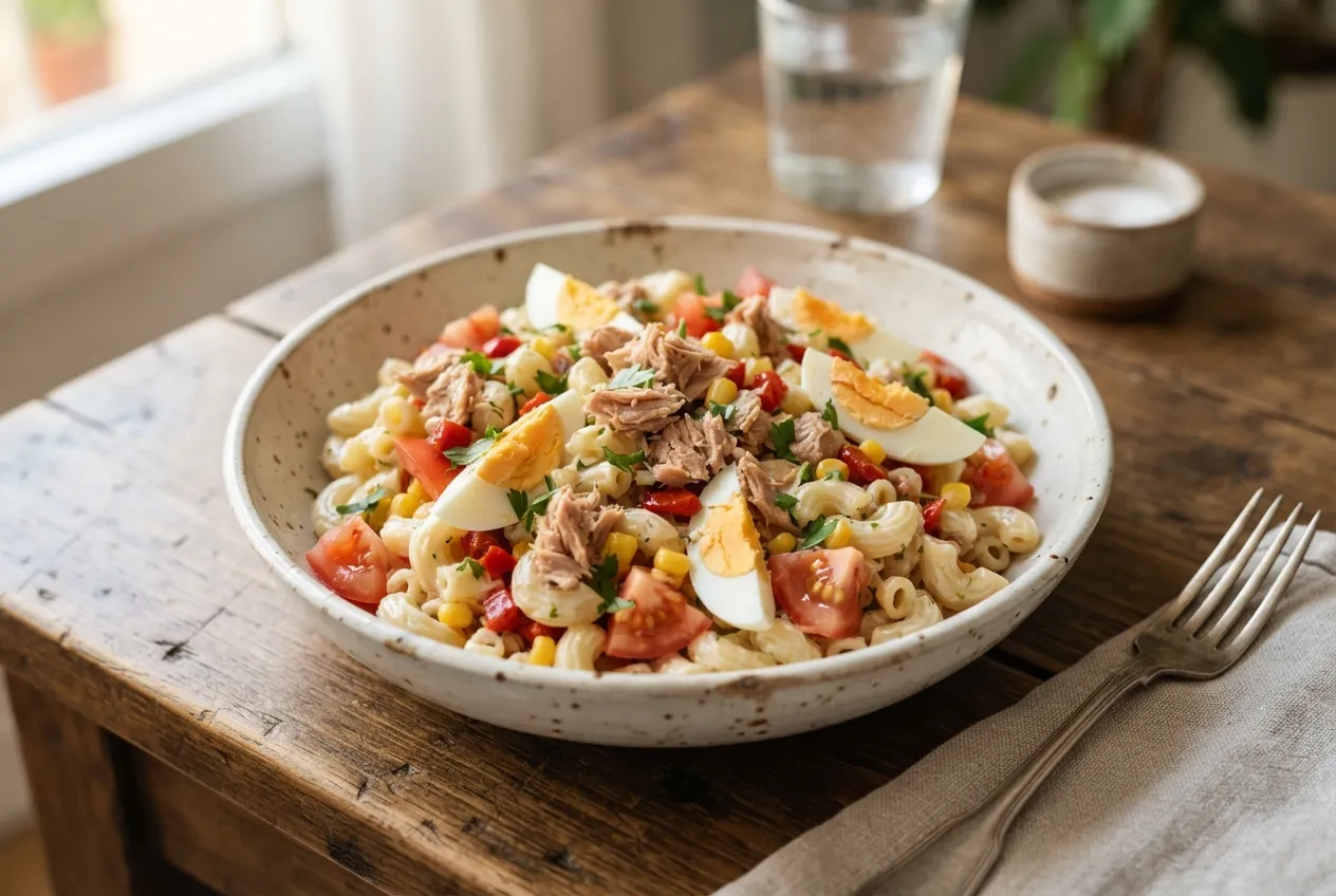 Ensalada fría de fideos con atún, huevo y tomate