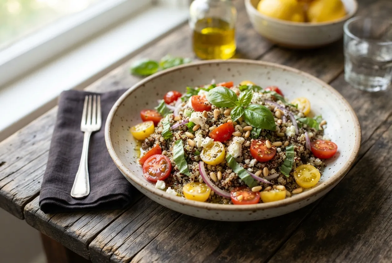 Ensalada fría de quinoa con tomates cherry y albahaca