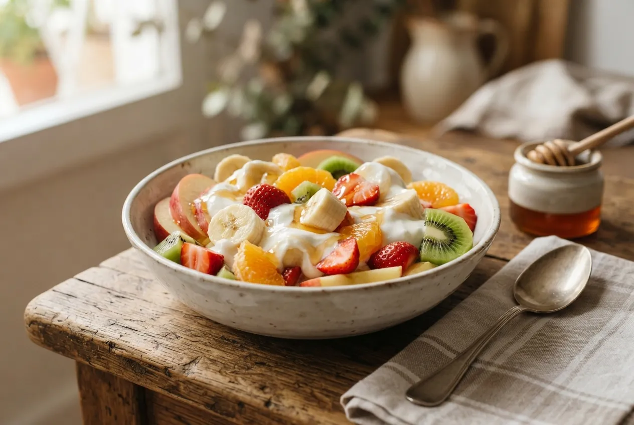 Ensalada de frutas fresca con miel y yogur natural