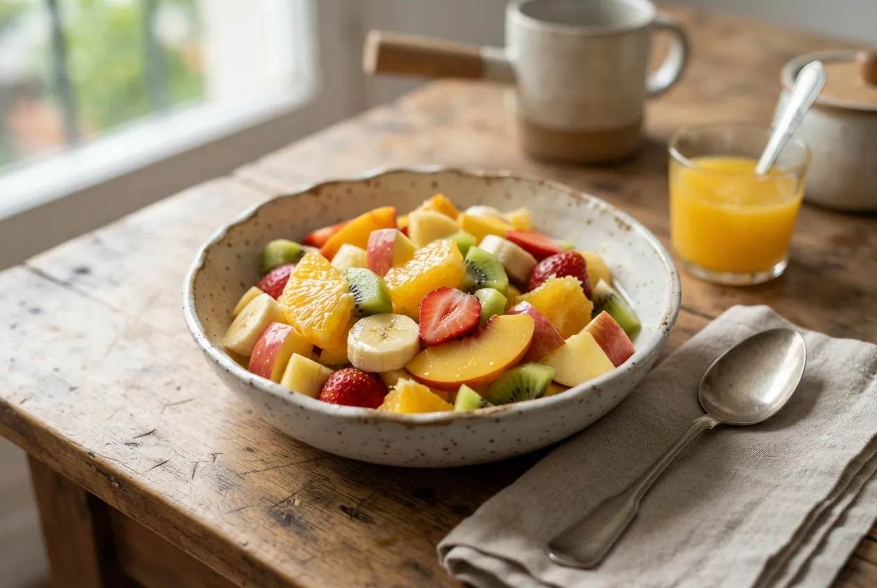 Ensalada de frutas con jugo de naranja natural para desayuno