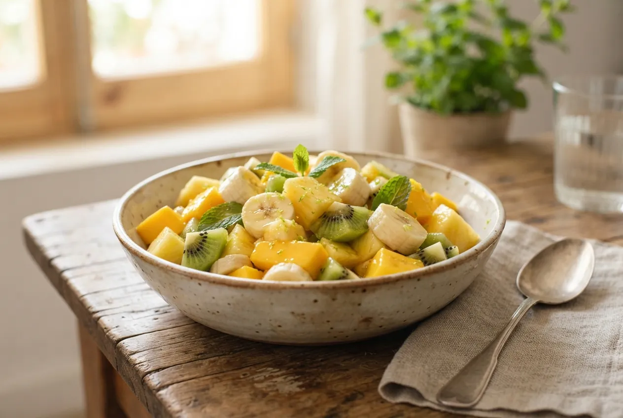 Ensalada de frutas tropicales con miel y limón para despertar