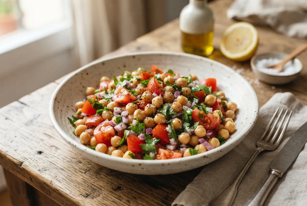 Ensalada de garbanzos con tomate, cebolla y perejil