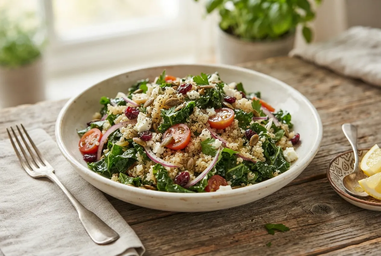 Ensalada de kale con quinoa y vinagreta de limón
