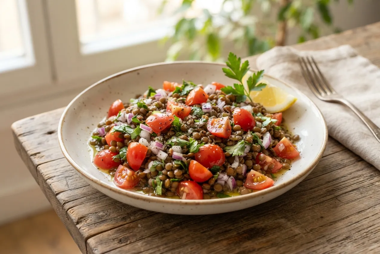 Ensalada de lentejas con cebolla morada y tomate fresco