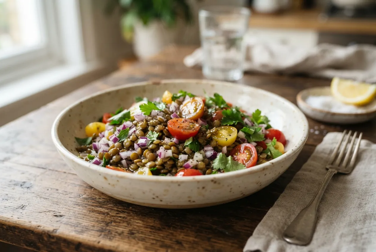Ensalada de lentejas con cebolla morada y tomates cherry