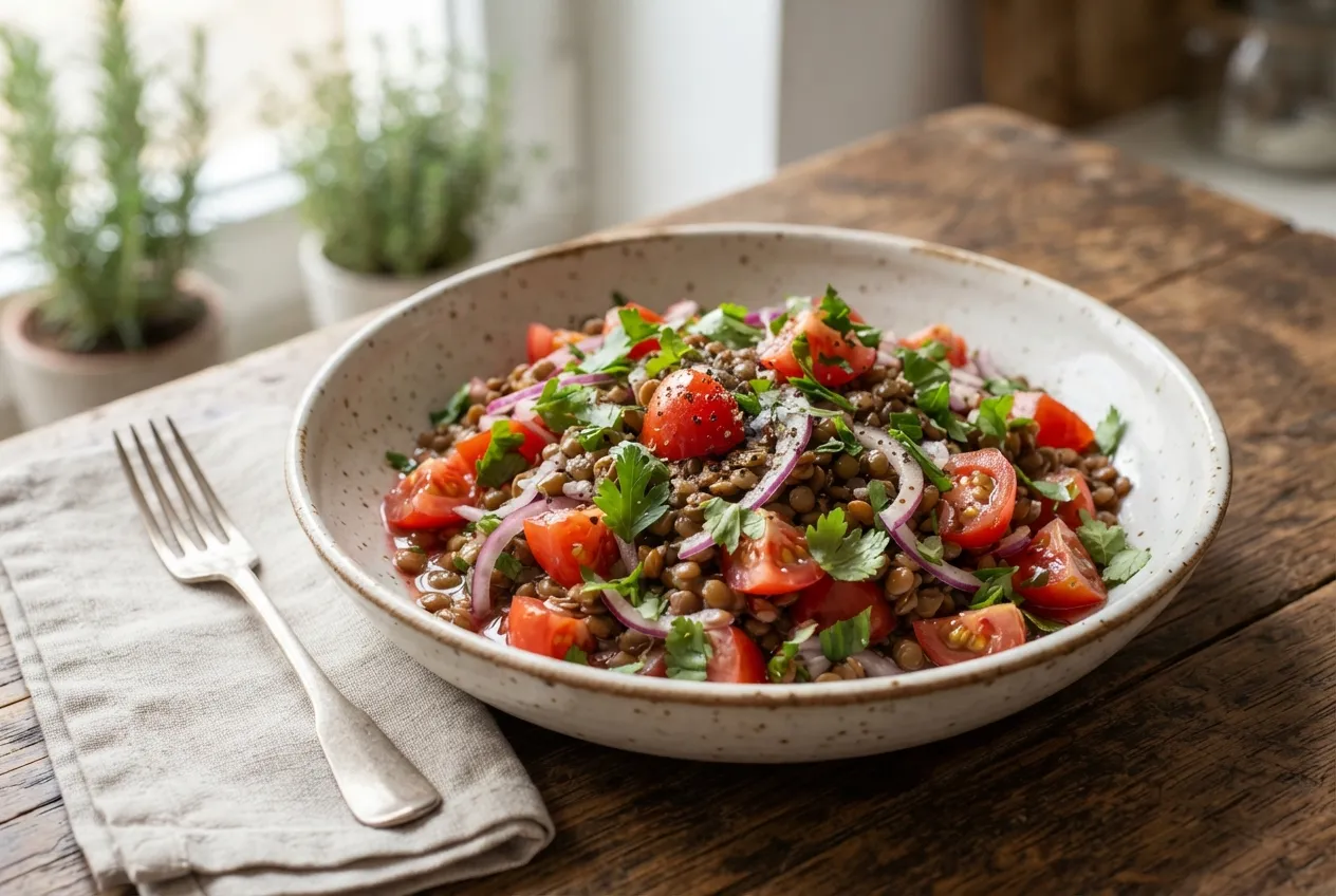 Ensalada de lentejas, tomate y cebolla con vinagreta